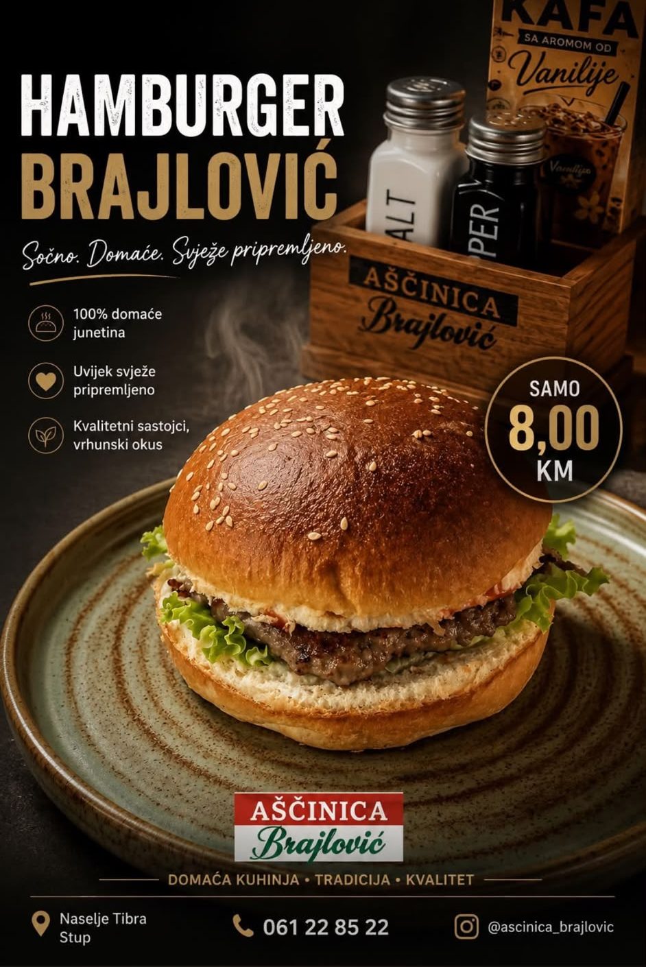 Plakat: Hamburger Brajlović od domaće junetine
